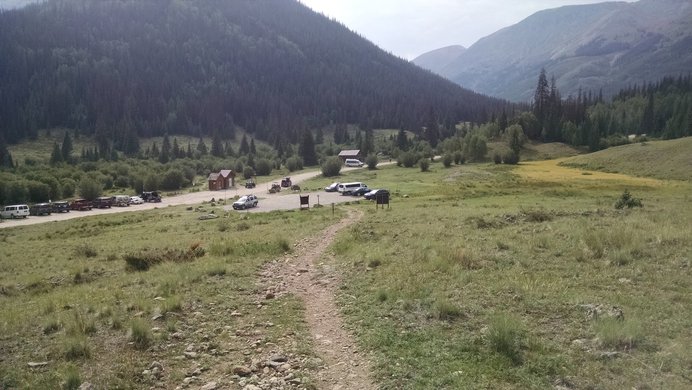 The Silver Creek Trailhead from a little way up the trail to Redcloud Peak